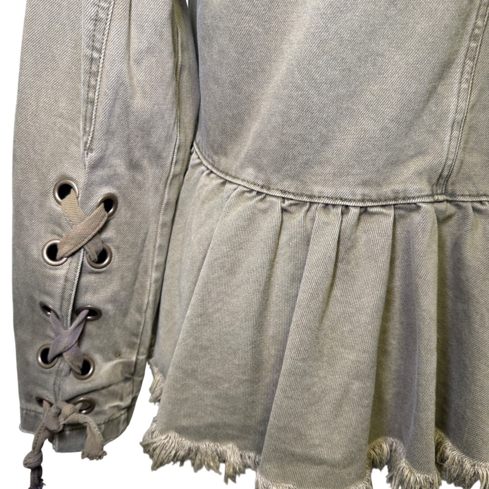 Free People Olive Green Peplum Military Denim Jacket Lace Up Sleeve Frayed Hem - Picture 4 of 10